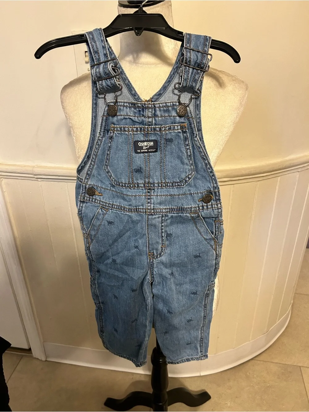 OshKosh B'gosh Toddler 2T Denim Train Print Overalls Retro Light Wash Jeans